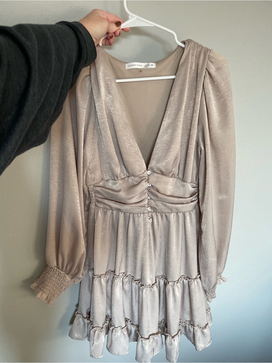Altar'd State Dresses & Skirts - Altar'd State Shimmery Taupe Satin V-Neck Ruffled Mini Dress